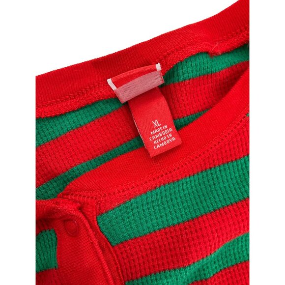 Striped Red Green Adult One-Piece Pajamas XL Button-Up Christmas Festive Holiday - Picture 4 of 5
